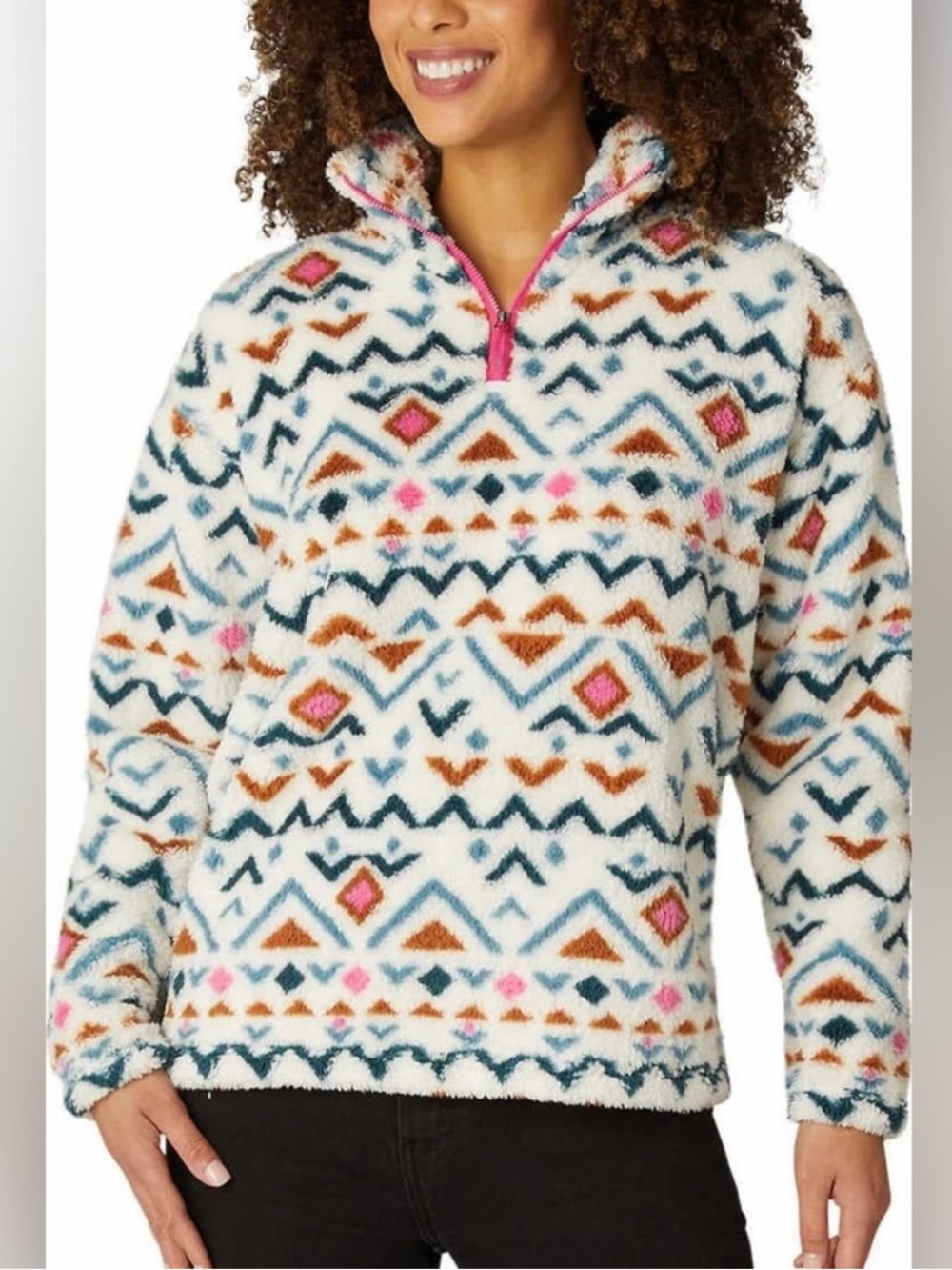 Eddie Bauer Women's Plush 1/4 Zip Geometric Plush 1/4 Zip in White & Blue Size